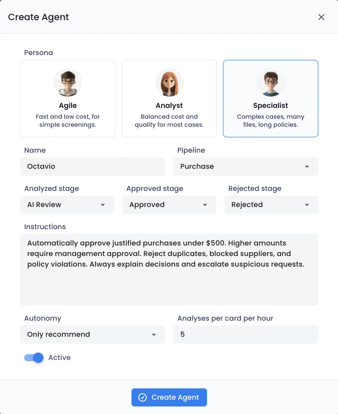 Create agent screen with persona, stages, instructions and autonomy