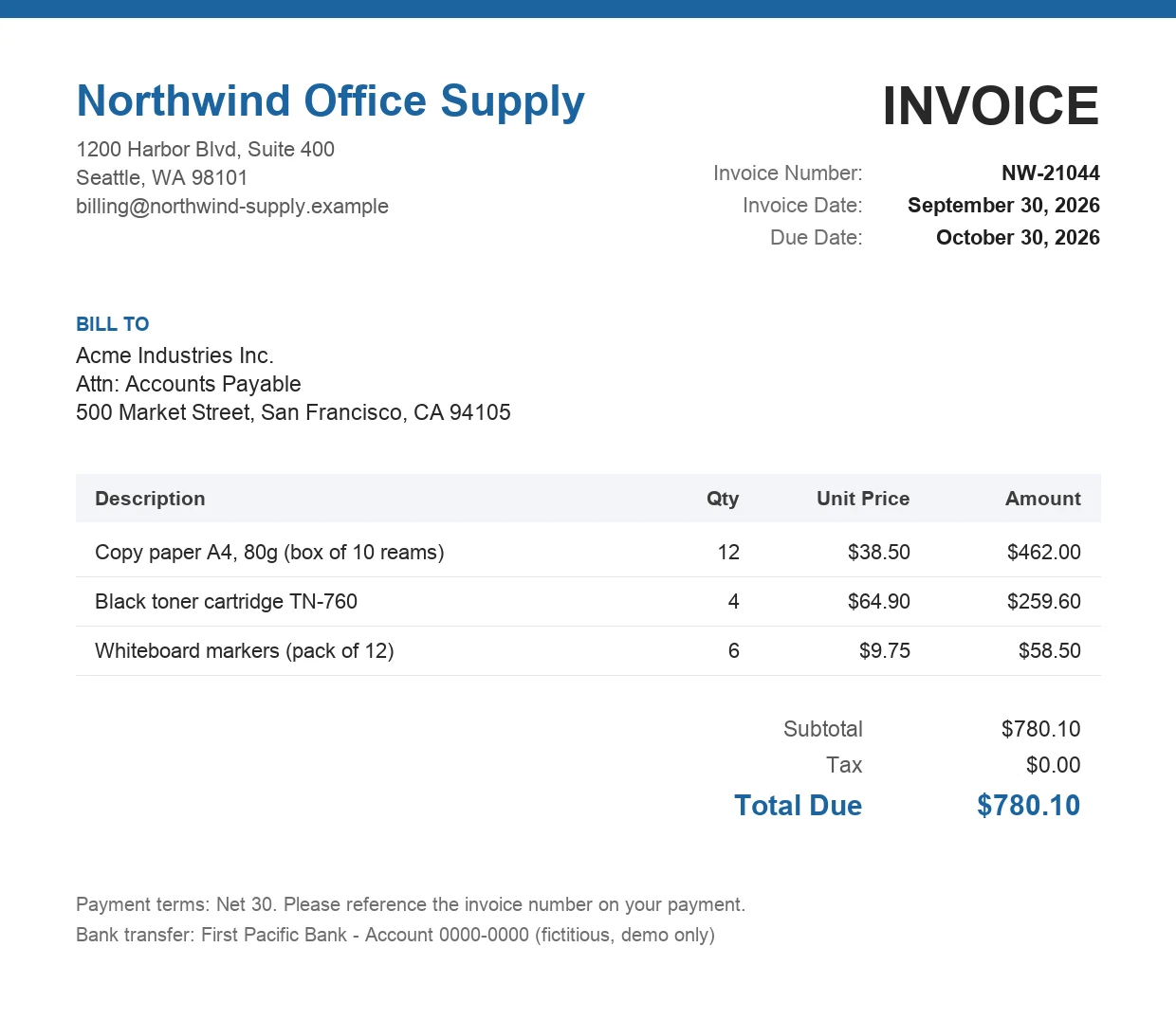 Supplier invoice with vendor, dates, line items and total