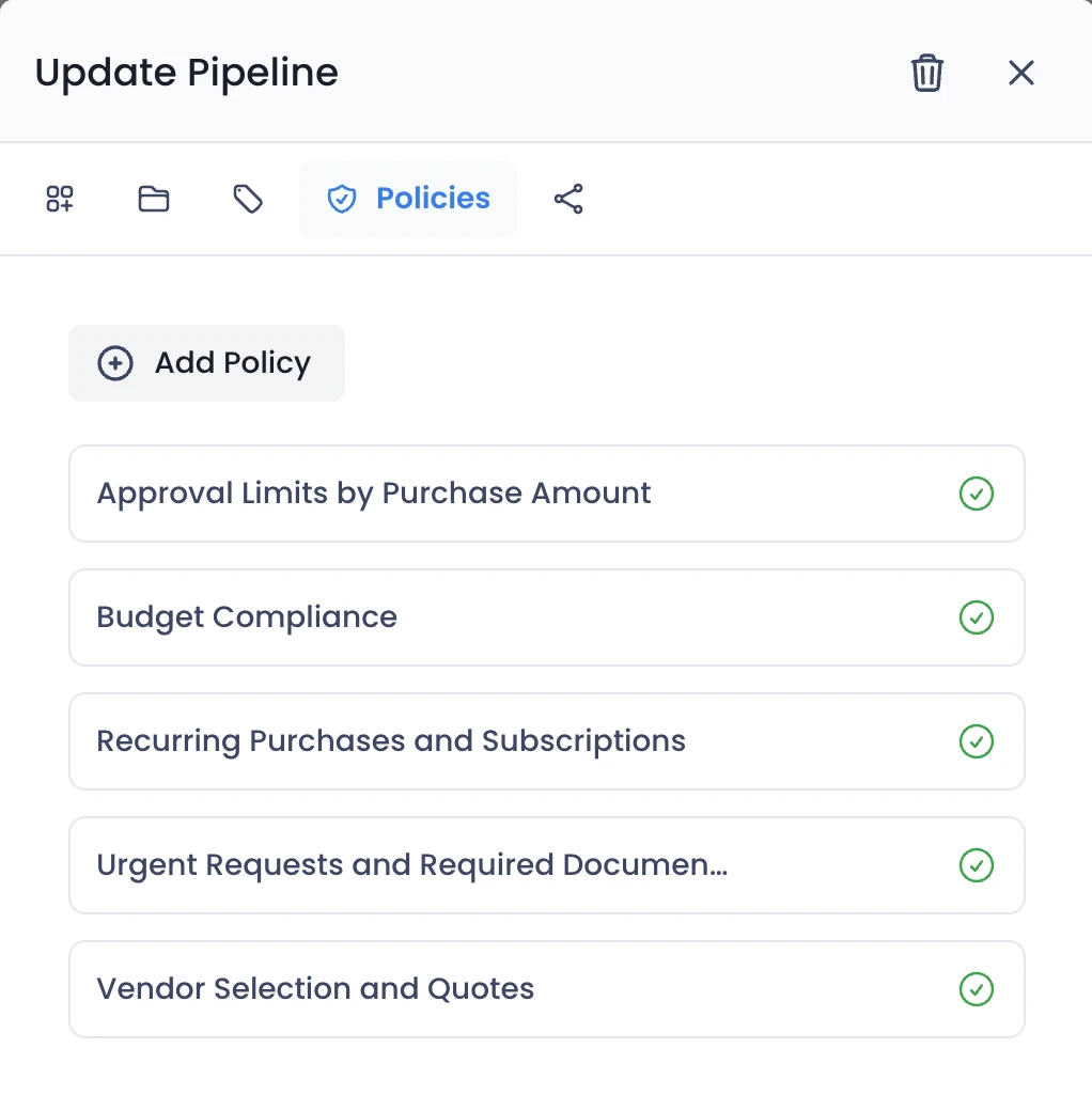 Pipeline policies list next to a policy being edited
