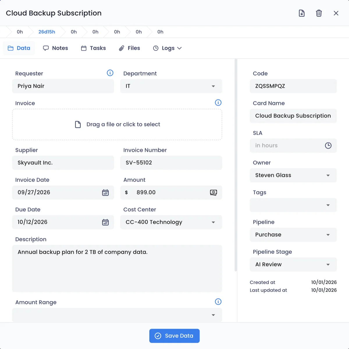 Purchase request card with custom fields, owner, pipeline and SLA