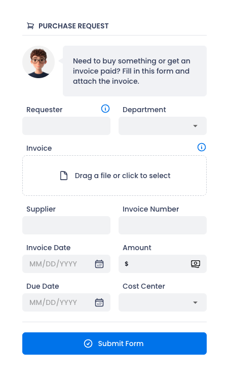Purchase request form next to the tracking portal timeline